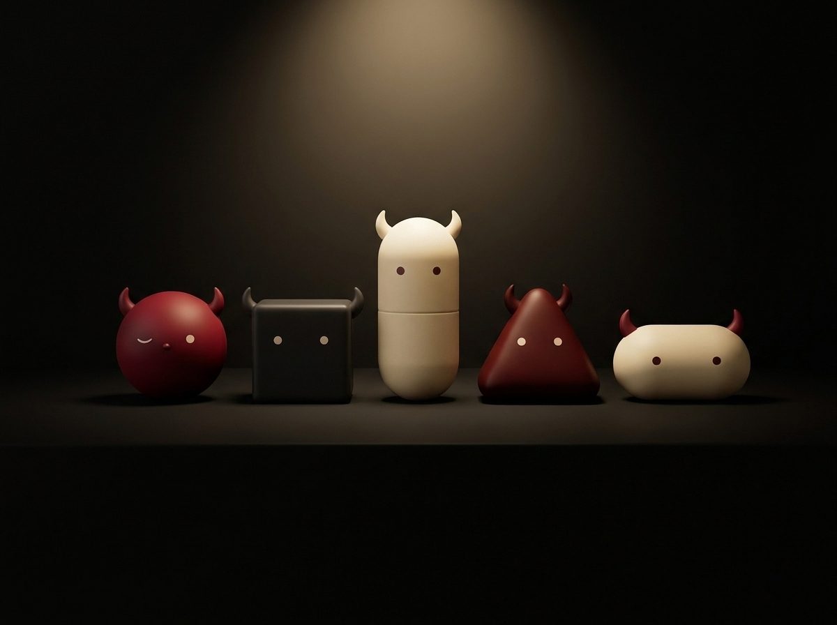 Five small matte devil figurines lined up under a spotlight